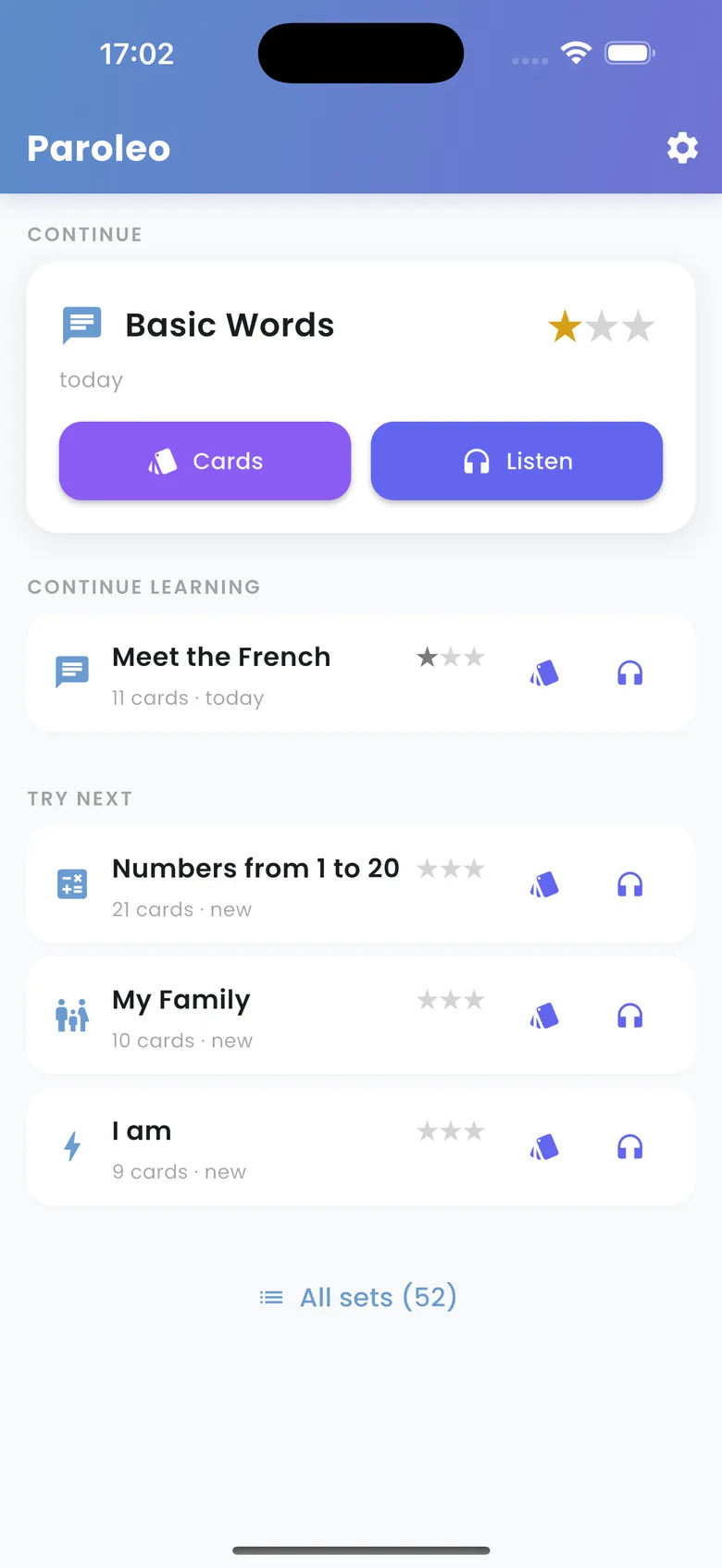 Paroleo app main screen showing vocabulary topic selection
